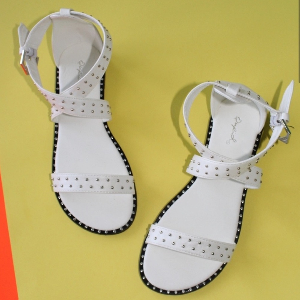 White studded strappy buckle sandals - Picture 2 of 9